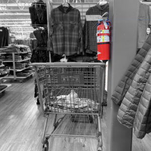 Fire Extinguisher On Structural Column With Cart and Easy Mount Bumper in Retail Store - Black and White