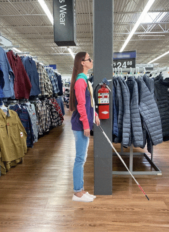 Blind person with cane at retail store animation